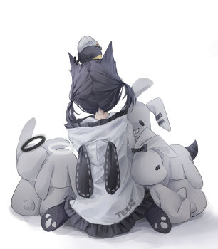 0_(znanimo) 1girl absurdres aged_down animal animal_ears animal_hood animal_on_head arknights bird bird_on_head black_skirt character_doll character_name clothes_writing croissant_(arknights) doll ear_piercing emperor_(arknights) exusiai_(arknights) facing_away from_behind full_body highres hood hoodie lappland_(arknights) mostima_(arknights) no_tail on_head penguin_logistics_(arknights) piercing short_hair short_twintails simple_background sitting skirt solo sora_(arknights) stuffed_animal stuffed_rabbit stuffed_toy texas_(arknights) twintails white_background white_hoodie wolf_ears