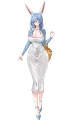 Rule 34 | 1girl, ;), absurdres, animal ear fluff, animal ears, blue hair, blue jacket, braid, breasts, carrot, cleavage, condom box, covered navel, dongtan dress, dress, full body, hair over shoulder, highres, hololive, huge breasts, jacket, mature female, meme attire, multicolored hair, one eye closed, pekomama, rabbit ears, scoop neck, simple background, smile, solo, taut clothes, taut dress, two-tone hair, vanko (vank0a), white background, white dress, white hair