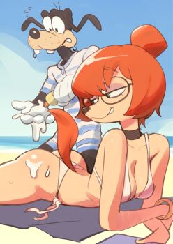 Rule 34 | absurdres, an extremely goofy movie, animal ears, applying sunscreen, beach, beach towel, bikini, buck teeth, colo (nagrolaz), commentary, disney, dog boy, dog ears, dog girl, dog tail, english commentary, glasses, goof troop, goofy, hair bun, highres, lotion, lying, mickey mouse &amp; friends, nervous, old-fashioned swimsuit, on stomach, one-piece swimsuit, red hair, single hair bun, smirk, striped clothes, striped male swimwear, striped one-piece swimsuit, sunscreen, swimsuit, sylvia marpole, tail, teeth, towel, white bikini