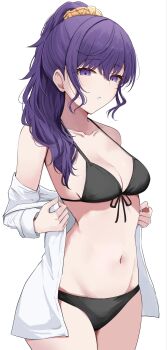 Rule 34 | 1girl, asahina mafuyu, bikini, black bikini, breasts, cleavage, collarbone, commentary, cowboy shot, front-tie bikini top, front-tie top, hair between eyes, hair ornament, hair over shoulder, hair scrunchie, halterneck, high ponytail, highres, jacket, kunizaki, light blush, long hair, long sleeves, looking at viewer, medium breasts, navel, off shoulder, open clothes, open jacket, orange scrunchie, parted lips, ponytail, project sekai, purple eyes, purple hair, scrunchie, sidelocks, simple background, solo, standing, stomach, string bikini, swimsuit, tsurime, undressing, white background, white jacket