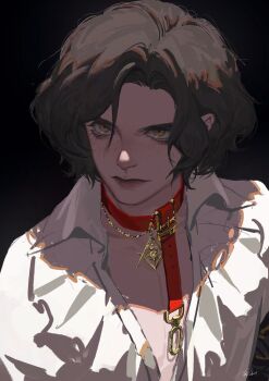 Rule 34 | 1boy, belt collar, black background, brown hair, carlo (lies of p), closed mouth, collar, collared shirt, commentary, exclusiverobert, eyelashes, freckles, highres, lies of p, male focus, red lips, shirt, short hair, solo, upper body, v-shaped eyebrows, white shirt, yellow eyes