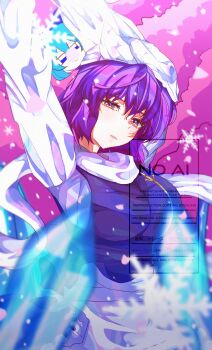 Rule 34 | 2girls, absurdres, arms up, artist name, cirno, commentary, english commentary, english text, falling petals, fumo (doll), hat, highres, hirwannew, ice, lapel pin, letty whiterock, multiple girls, perfect cherry blossom, petals, purple eyes, purple hair, scarf, self-upload, snow, snowflakes, tagme, touhou, watermark, white scarf