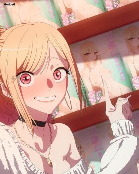 1girl artist_name black_choker blonde_hair choker commentary ear_piercing earrings english_commentary felipe_godoy grin highres hoop_earrings index_finger_raised jewelry kitagawa_marin looking_at_viewer magazine_(object) necklace piercing pink_eyes pink_nails smile solo sono_bisque_doll_wa_koi_wo_suru sweater teeth white_sweater