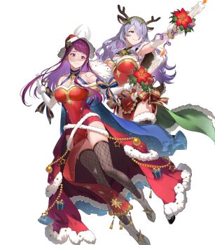 Rule 34 | 2girls, animal ears, antlers, attack, breasts, camilla (fire emblem), camilla (flurry embrace) (fire emblem), candle, candlestand, capelet, cleavage, commentary request, deer ears, dress, fake animal ears, fake antlers, fire emblem, fire emblem engage, fire emblem fates, fire emblem heroes, fishnet thighhighs, fishnets, full body, fur-trimmed capelet, fur-trimmed dress, fur-trimmed headwear, fur trim, gloves, hair over one eye, hat, high heels, highres, holding, holding candle, holding candlestand, horns, ivy (fire emblem), ivy (flurry embrace) (fire emblem), kakage, long hair, looking at viewer, mole, mole under mouth, multiple girls, nintendo, non-web source, official alternate costume, official art, open mouth, purple eyes, purple hair, red dress, red hat, reindeer antlers, santa costume, santa dress, santa hat, smile, thighhighs, very long hair, wavy hair, white gloves