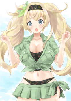 1girl beach bikini bikini_under_clothes black_bikini black_hairband blonde_hair blue_eyes breast_pocket breasts cloud cloudy_sky gambier_bay_(kancolle) gambier_bay_(summer)_(kancolle) gambier_bay_mk_ii_(kancolle) green_shirt green_skirt hairband kantai_collection kitagawa_mikio large_breasts long_hair one-hour_drawing_challenge outdoors pleated_skirt pocket shirt skirt sky solo swimsuit tied_shirt twintails w_arms
