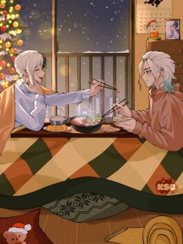 2boys asagiri_gen black_hair blue_hair bowl brown_hoodie calendar_(object) chopsticks christmas christmas_tree closed_eyes commentary dr._stone drawstring eating english_commentary feeding food hat highres holding holding_chopsticks hood hood_down hoodie implied_yaoi indoors ishigami_senkuu kotatsu kuraschuu long_sleeves male_focus medium_hair multicolored_hair multiple_boys night night_sky open_mouth picture_frame pillow profile santa_hat short_hair shrimp sitting sky smile snow snowing stuffed_animal stuffed_toy sweater table teddy_bear tempura two-tone_hair white_hair white_sweater window yaoi