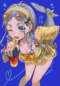 1girl ;p ahoge artist_name bandana beluga_casi bent_over blue_background blue_eyes blue_one-piece_swimsuit blush bow braid breasts cetacean_tail cleavage closed_mouth collarbone commentary_request cup dated dimple drawn_heart drinking_straw earrings eyewear_on_head feet_out_of_frame fins fish_tail frilled_one-piece_swimsuit frills grey_hair hair_bow hair_ornament heart highres holding holding_cup indie_virtual_youtuber jacket jewelry long_hair looking_at_viewer medium_breasts noriuma one-piece_swimsuit one_eye_closed parted_bangs see-through_clothes see-through_jacket short_sleeves sidelocks signature smile solo standing striped_bandana sunglasses swimsuit swimsuit_under_clothes tail tinted_eyewear tongue tongue_out twin_braids twitter_username virtual_youtuber whale_girl white_bandana x_hair_ornament yellow-tinted_eyewear yellow_bow yellow_jacket