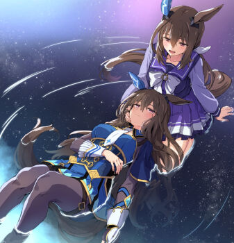 2girls admire_vega&#039;s_twin_sister_(umamusume) admire_vega_(starry_nocturne)_(umamusume) admire_vega_(umamusume) animal_ears asymmetrical_footwear bow bowtie brown_hair cape commentary_request ear_covers headpat horse_girl horse_tail knees_up lap_pillow long_sleeves looking_at_another low_ponytail lying_on_lap mismatched_footwear multiple_girls necktie pink_cape ponytail purple_shirt purple_skirt school_uniform shirt single_ear_cover sitting skirt starheart tail tracen_school_uniform umamusume white_bow white_bowtie white_necktie