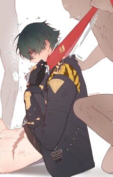 3boys asphyxiation black_gloves black_hair bottomless cum faceless faceless_male from_side gloves grin hair_between_eyes highres holding jacket lighter_(zenless_zone_zero) long_sleeves male_focus mixed-language_commentary multiple_boys nude red_scarf scar scarf scarf_pull shaded_face simple_background smile solo_focus sonson_hand spikes standing strangling sweat white_background yaoi zenless_zone_zero