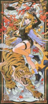 1girl animal_ear_fluff animal_ears black_gloves black_shoes blonde_hair colored_inner_hair elbow_gloves fang fingerless_gloves full_body gloves green_eyes grey_hair high-waist_shorts highres jacket ju_fufu long_hair looking_at_viewer mising_0033 multicolored_hair open_mouth shoes short_sleeves shorts smile socks solo tail thigh_strap tiger tiger_ears tiger_girl tiger_tail very_long_hair white_socks yellow_jacket zenless_zone_zero