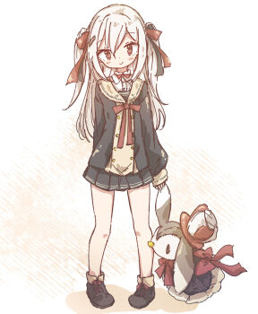 1girl chipie_0114 closed_mouth commentary full_body hair_ribbon highres holding holding_stuffed_toy long_hair long_sleeves looking_at_viewer miniskirt neck_ribbon original pleated_skirt red_ribbon ribbon sailor_collar school_uniform serafuku skirt solo standing stuffed_animal stuffed_toy white_hair