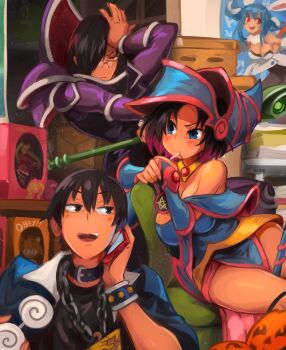 1girl 2boys absurdres bare_shoulders black_hair blue_eyes blue_headwear box bracelet chain character_doll coke-bottle_glasses collar commentary cosplay dark_magician dark_magician_(cosplay) dark_magician_girl dark_magician_girl_(cosplay) doll eating elma_(maidragon) english_commentary fafnir_(maidragon) fate_(series) figure gauntlets glasses gradient_hair grimace_(mcdonald&#039;s) hair_over_one_eye halloween hat highres holding holding_phone holding_removed_eyewear holding_staff hololive indoors jack-o&#039;-lantern jacket jewelry khyle. kobayashi-san_chi_no_maidragon mcdonald&#039;s millennium_puzzle multicolored_hair multiple_boys muto_yugi muto_yugi_(cosplay) neco-arc pentacle pentagram phone pince-nez poster_(object) short_hair staff takiya_makoto tohsaka_rin toy tsukihime unworn_eyewear usada_pekora usada_pekora_(1st_costume) virtual_youtuber wand wizard_hat yu-gi-oh! yu-gi-oh!_duel_monsters