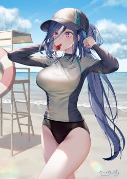 Rule 34 | 1girl, baseball cap, beach, bikini, bikini bottom only, black bikini, blowing whistle, blue hair, blue sky, breasts, chair, clorinde (genshin impact), commentary request, dark blue hair, genshin impact, grey hat, hair between eyes, hat, large breasts, lifeguard, lifeguard chair, long hair, long hair between eyes, looking ahead, making-of available, multicolored hair, natsume koji, ocean, outdoors, ponytail, purple eyes, rash guard, signature, sky, solo, streaked hair, swimsuit, whistle, whistle around neck