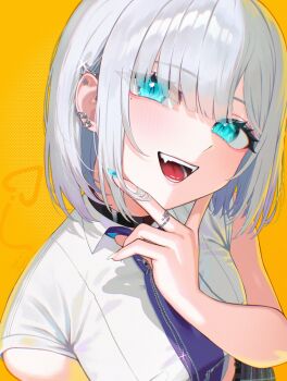 1girl black_choker blue_eyes blue_nails choker collared_shirt earrings grey_hair hashtag-only_commentary highres jewelry kaga_sumire kaga_sumire_(2nd_costume) mole mole_under_eye multicolored_nails necktie open_mouth purple_necktie rushian shadow shirt short_hair solo two-tone_nails virtual_youtuber vspo! white_nails white_shirt yellow_background