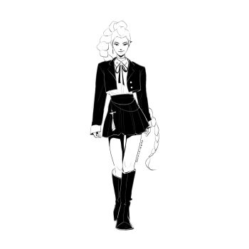1girl artist_name boots braid braided_ponytail commentary cropped_jacket full_body gabbiepicasso greyscale highres kpop_demon_hunters looking_at_viewer monochrome neck_ribbon ribbon rumi_(kpop_demon_hunters) shirt_tucked_in simple_background skirt smile solo