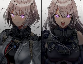 2girls ak-15_(girls'_frontline) bare_shoulders braid commentary commission english_commentary girls'_frontline glowing glowing_eyes grin long_hair looking_at_viewer mask mask_around_neck multiple_girls open_mouth pink_eyes rpk-16_(girls'_frontline) short_hair silence_girl silver_hair smile split_screen strap tactical_clothes upper_body