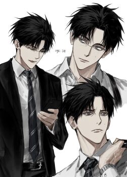 1boy bags_under_eyes belt black_belt black_hair black_jacket cellphone character_age character_request closed_eyes collared_shirt copyright_request diagonal-striped_clothes diagonal-striped_necktie glasses highres holding holding_phone jacket male_focus mole mole_on_cheek mole_on_neck mole_under_mouth multiple_moles multiple_views necktie over-rim_eyewear phone rectangular_eyewear semi-rimless_eyewear shirt shirt_tucked_in short_hair sideways_glance simple_background smartphone sso_s striped_clothes suit_jacket tongue tongue_out white_background white_shirt