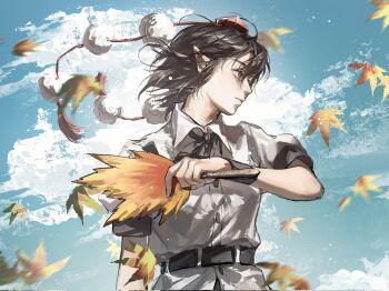 1girl aihara-rina belt black_belt black_hair black_ribbon black_slingshot_swimsuit blue_sky buttons closed_mouth cloud collared_shirt cowboy_shot day expressionless hair_between_eyes hand_fan hat hauchiwa highres holding holding_fan leaf looking_to_the_side maple_leaf neck_ribbon outdoors pointy_ears pom_pom_(clothes) puffy_short_sleeves puffy_sleeves red_eyes red_hat ribbon shameimaru_aya shirt short_hair short_sleeves sky slingshot_swimsuit solo swimsuit tokin_hat touhou white_shirt