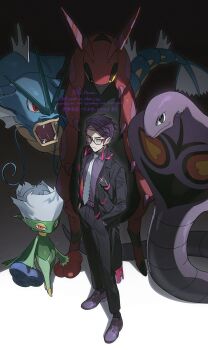 1boy antennae arbok black-framed_eyewear black_hair black_jacket black_pants bug centipede closed_mouth cobra_(animal) collared_shirt colored_sclera corbeau_(pokemon) eyewear_strap fangs flower gen_1_pokemon gen_4_pokemon gen_5_pokemon glasses gyarados hands_in_pockets highres horns jacket kitsune_(ly_howe) long_sleeves looking_at_viewer mega_stone necktie nintendo open_clothes open_jacket open_mouth pants parted_hair pokemon pokemon_(creature) pokemon_legends:_z-a purple_hair purple_shirt red_eyes rose roserade round_eyewear scolipede shirt short_hair short_sideburns snake undercut white_necktie yellow_eyes yellow_sclera