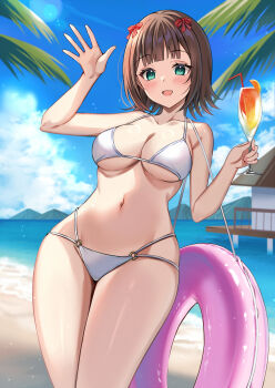1girl amami_haruka bare_shoulders beach bikini blue_sky blush breasts brown_hair cleavage commission cup drinking_glass green_eyes hair_ribbon harimoji highres idolmaster idolmaster_(classic) innertube looking_at_viewer medium_breasts navel open_mouth pixiv_commission ribbon shore short_hair sky smile solo swim_ring swimsuit thighs white_bikini