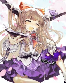 Rule 34 | 1girl, alcohol, blush, bow, brown hair, chain, cherry blossoms, closed eyes, cup, fang, gourd, hair bow, highres, holding, holding cup, horn ornament, horn ribbon, horns, ibuki suika, long hair, low-tied long hair, open mouth, purple skirt, red bow, ribbon, sakazuki, sake, sayoko404, shirt, sidelocks, simple background, skin fang, skirt, solo, torn clothes, torn sleeves, touhou, white background, white shirt, wrist cuffs