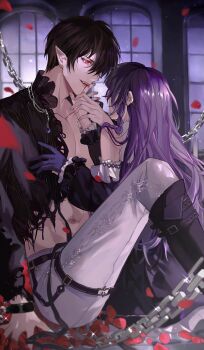 1boy 1girl :p absurdres arched_window arm_support ayn_alwyn ayn_alwyn_(midnight_epilogue) bare_shoulders belt black_belt black_boots black_dress black_hair black_shirt blood blood_on_hands boots braid candle chain chained chinese_commentary collarbone commentary_request csw- cuts detached_sleeves dress facing_away falling_petals feet_out_of_frame fingernails frilled_shirt_collar frilled_sleeves frills gem glint gloves grey_pants hair_between_eyes heroine_(lovebrush_chronicles) hetero highres holding_hands indoors injury knee_boots knee_up licking licking_another's_finger licking_finger light_particles long_hair long_sleeves looking_at_another lovebrush_chronicles muntins night on_floor one_eye_covered open_clothes open_shirt pants pants_tucked_in pectoral_cleavage pectorals petals pointy_ears puffy_long_sleeves puffy_sleeves purple_gem purple_gloves purple_hair red_eyes red_petals rose_petals shirt short_hair side_braid single_glove sitting sleeveless sleeveless_dress thigh_belt thigh_strap toned toned_male tongue tongue_out torn_clothes torn_shirt vampire window