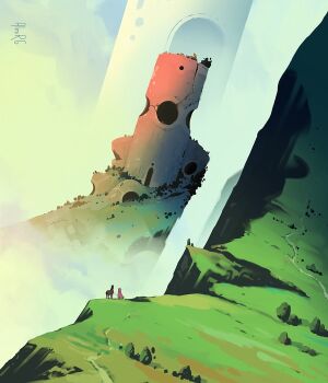 1other almirgusic animal artist_name building cloak day fog from_behind grass hood hooded_cloak horse landscape mountain nature original outdoors path reins road ruins scenery signature standing very_wide_shot