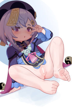 1girl bar_censor barefoot batazungharn bead_necklace beads bottomless censored commentary feet genshin_impact hair_ornament hat highres jewelry jiangshi loli long_sleeves necklace ofuda paid_reward_available purple_eyes purple_hair pussy qingdai_guanmao qiqi_(genshin_impact) solo toes variant_set