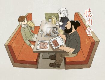 3boys alcohol bags_under_eyes beard beer beer_mug booth_seating chilchuck_tims chopsticks cooking cup drinking drinking_glass dungeon_meshi dwarf elf facial_hair food grill grilling halfling holding holding_cup jacket kabe_piko long_sleeves male_focus meat mithrun mug multiple_boys mustache notched_ear pants pointy_ears ponytail restaurant senshi_(dungeon_meshi) shirt short_hair short_sleeves sitting sweater table thick_mustache tongs yakiniku