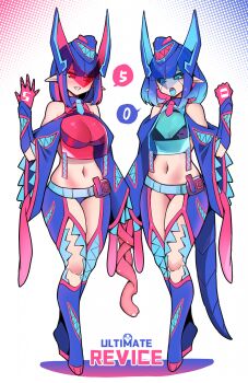 2girls animal_print belt black_bra black_sclera blue_bra blue_eyes blue_footwear blue_hair blue_necktie blue_panties blue_tongue blush boots bra breasts chaps cleavage colored_sclera colored_tongue detached_collar dinosaur dinosaur_print ditienan_ddn fang giffard_rex gloves grin headgear highres kamen_rider kamen_rider_revi kamen_rider_revice kamen_rider_ultimate_revi kamen_rider_ultimate_vice kamen_rider_vice large_breasts long_sleeves looking_at_viewer multicolored_hair multiple_girls navel necktie open_mouth panties personification pink_gloves pink_hair pink_necktie pink_panties pointy_ears print_bra red_eyes revice_driver rider-tan rider_belt short_hair shrug_(clothing) small_breasts smile speech_bubble standing streaked_hair teeth tongue tongue_out tyrannosaurus_rex underwear white_background wide_sleeves