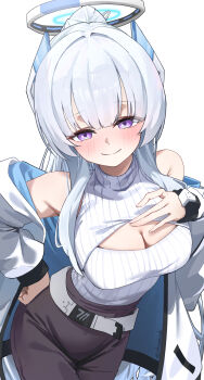 1girl absurdres alternate_costume bare_shoulders belt black_pants blue_archive blue_jacket blunt_bangs blush breasts cleavage cleavage_cutout clothing_cutout commentary_request grey_hair halo hand_on_own_chest hand_on_own_hip headgear highres jacket jacket_partially_removed large_breasts long_hair looking_at_viewer mechanical_halo noa_(blue_archive) pants ponytail purple_eyes shiroyo_(shiromeahi) smile solo sweater turtleneck turtleneck_sweater two-sided_fabric two-sided_jacket white_belt white_halo white_jacket