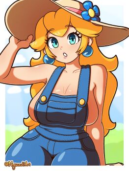 1girl absurdres bare_shoulders blonde_hair blue_eyes blue_flower blue_overalls breasts cleavage commentary earrings english_commentary farmer flower grass hat hat_flower highres holding jewelry large_breasts lazuli_witch long_hair looking_at_viewer mario_(series) mario_kart mario_kart_world naked_overalls nintendo outdoors outside_border overalls princess_peach princess_peach_(farmer) sphere_earrings straw_hat sun_hat twitter_username