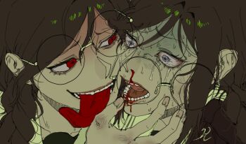 2girls black_hair bleeding blood blood_in_mouth bloodshot_eyes cheek-to-cheek commentary_request crying crying_with_eyes_open danganronpa:_trigger_happy_havoc danganronpa_(series) dashed_eyes dual_persona fukawa_toko furrowed_brow genocider_shou glasses grey_eyes hamuseutta heads_together highres lip_pull long_hair long_tongue looking_at_another messy_hair missing_tooth mole mole_under_mouth multiple_girls nervous_sweating nosebleed open_mouth portrait red_eyes scared smile sweat tears teeth tongue tongue_out turn_pale wide-eyed