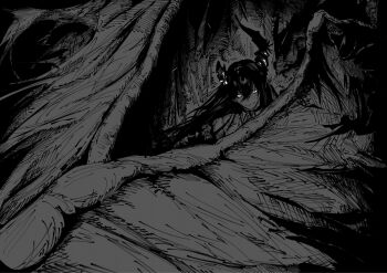 Rule 34 | 1girl, asymmetrical horns, closed mouth, collared shirt, commentary, demon horns, english commentary, feathered wings, floating hair, greyscale, hair between eyes, harutimu, highres, hololive, hololive english, horns, long hair, looking at viewer, monochrome, nerissa ravencroft, nerissa ravencroft (1st costume), oversized wings, shirt, smile, solo, uneven horns, virtual youtuber, wings