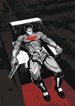 1boy absurdres bat_signal batman_(series) batman_symbol black_gloves black_hair blue_eyes bodysuit cover dc_comics desert_eagle english_text fake_cover gloves grey_bodysuit gun handgun highres holding holding_gun holding_weapon jason_todd male_focus multicolored_bodysuit multicolored_hair muscular muscular_male my_northstar pants red_hood_(dc) red_hood_and_the_outlaws short_hair superhero_costume taut_bodysuit trigger_discipline two-tone_bodysuit two-tone_hair weapon