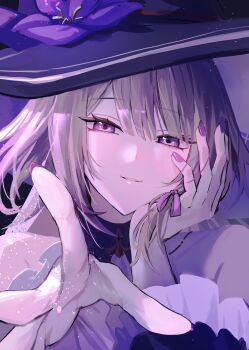 1girl absurdres ascot bare_shoulders brown_hair detached_collar detached_sleeves flower hair_ribbon hand_on_own_face hashtag-only_commentary hat herta_(honkai:_star_rail) highres honkai:_star_rail honkai_(series) long_hair looking_at_viewer neneneneko purple_eyes purple_flower purple_nails reaching ribbon sidelocks smile sparkle the_herta_(honkai:_star_rail) white_ascot