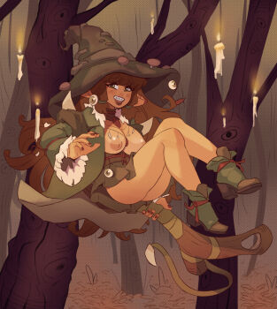 1girl amulet blush braces breasts breasts_out brown_hair brown_hat brown_ribbon brown_sandals candle coat commentary eye_hair_ornament floating floating_candle forest full_body fur-trimmed_coat fur_trim green_coat green_eyes green_skirt green_socks hat hat_ribbon high_heel_sandals highres holding holding_staff jewelry klimspree large_breasts long_hair looking_at_viewer low-tied_sidelocks miniskirt mushroom_hat_ornament nature necklace nipples open_clothes open_coat open_mouth original outdoors purple_nails ribbon rope_belt sandals sidelocks skirt smile socks solo staff teeth tooth_necklace tree upper_teeth_only very_long_hair witch witch_hat