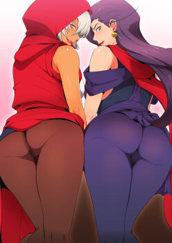 2girls ahoge ass ass-to-ass bare_shoulders battle_tendency blue_hair blush breasts cameltoe earrings greco_roman_(spiral_brain) green_eyes grey_hair hair_between_eyes hood jewelry jojo_no_kimyou_na_bouken lisa_lisa long_hair looking_at_viewer mariah_(jojo) multiple_girls off_shoulder open_mouth pantyhose pussy scarf short_hair skirt smile source_request stardust_crusaders take_your_pick thighhighs yellow_eyes