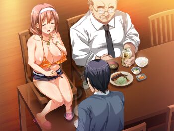 1girl 2boys asaoka_arata asaoka_genzo balding beer_can belt bikini bikini_top_only black_hair black_necktie black_skirt bracelet breasts brown_hair can chair cleavage closed_eyes collared_shirt covered_erect_nipples drink_can dutch_angle earrings food glasses hair_between_eyes hairband hand_on_own_chest heart heart_necklace hinomoto_koharu impossible_clothes indoors jewelry kedamono-tachi_no_sumu_ie_de large_breasts laughing legs_together long_sleeves looking_at_another low_neckline medium_hair microskirt multiple_boys necklace necktie open_mouth orange_bikini pencil_skirt print_bikini pussy_juice shirt sideboob sidelocks sitting skirt slippers smile star_(symbol) star_print star_print_bikini sweater swimsuit table takeda_hiromitsu ugly_bastard white_belt white_hairband white_shirt wooden_floor wooden_table x-ray