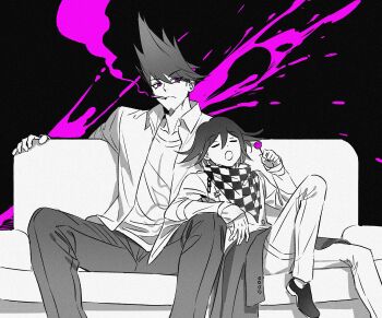 Rule 34 | 2boys, black background, blood, blood splatter, candy, checkered clothes, checkered scarf, closed eyes, collared shirt, commentary request, couch, danganronpa (series), danganronpa v3: killing harmony, facial hair, flipped hair, food, goatee, greyscale, hair between eyes, highres, holding, holding candy, holding food, holding lollipop, jacket, knee up, leaning on person, lollipop, long sleeves, male focus, momota kaito, monochrome, multiple boys, oma kokichi, on (onon2659), on couch, open mouth, pants, pink blood, pink eyes, scarf, shirt, sitting, size difference, smoke, smoking, spiked hair, spot color, unworn jacket
