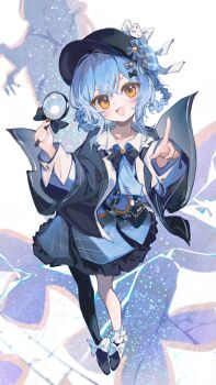 1girl :d black_bow black_jacket blue_bow blue_dress blue_hair blush bow braid braided_hair_rings chinese_commentary commentary_request dress frills full_body hair_ornament hair_rings hat hat_bow highres holding jacket long_sleeves looking_at_viewer magnifying_glass mahou_shoujo_no_majo_saiban open_mouth orange_eyes pointing shirt short_hair single_thighhigh skirt smile solo tachibana_sherry thighhighs wide_sleeves youmeng33