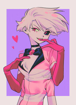 Rule 34 | 1boy, :d, absurdres, angel dust, arms at sides, black bow, black bowtie, black choker, black sclera, border, bow, bowtie, brooch, choker, chromatic aberration, colored sclera, colored skin, commentary request, elbow gloves, extra arms, facial mark, fewer digits, film grain, finger in own mouth, gloves, grey border, hair between eyes, hand on own chest, hands up, hazbin hotel, heart, hellaverse, highres, humanization, jewelry, looking at viewer, male focus, menma (enaic31), mismatched sclera, open mouth, outside border, pink gloves, pink shirt, purple background, sharp teeth, shirt, short hair, signature, simple background, smile, solo, striped clothes, striped shirt, swept bangs, teeth, tongue, traditional bowtie, twitter username, two-tone shirt, upper body, upper teeth only, v-shaped eyebrows, watermark, white gloves, white hair, white shirt, white skin