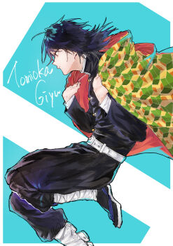 1boy absurdres belt black_hair black_jacket black_pants black_socks buttons character_name commentary_request demon_slayer_uniform gold_buttons hair_between_eyes haori high_collar highres jacket japanese_clothes kikkoumon kimetsu_no_yaiba long_hair low_ponytail male_focus pants ponytail print_haori profile red_haori socks solo spiked_hair tomioka_giyuu white_belt zome_mame