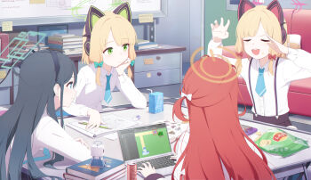 4girls absurdres animal_ear_headphones animal_ears aris_(blue_archive) black_hair black_hairband black_skirt blonde_hair blue_archive blue_necktie book bow can cat_ear_headphones cat_ears chips_(food) closed_eyes closed_mouth collared_shirt commentary_request computer couch drink_can drink_carton eraser fake_animal_ears food food_on_face game_development_department_(blue_archive) green_eyes hair_bow hairband halo handheld_game_console headphones highres indoors juice_box kei_(robot)_(blue_archive) laptop long_hair long_sleeves mechanical_pencil midori_(blue_archive) momoi_(blue_archive) multiple_girls necktie open_mouth paper pencil potato_chips red_bow red_hair shirt short_necktie sketchbook skirt soda_can soeyumi sticky_note suspender_skirt suspenders table teeth upper_teeth_only very_long_hair white_bow white_shirt yuzu_(blue_archive)