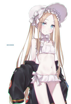 1girl abigail_williams_(fate) abigail_williams_(swimsuit_foreigner)_(fate) abigail_williams_(swimsuit_foreigner)_(third_ascension)_(fate) bare_shoulders bikini black_jacket blonde_hair blue_eyes blush bonnet bow breasts fate/grand_order fate_(series) forehead grin hair_bow hat highres jacket long_hair long_sleeves looking_at_viewer miniskirt navel off_shoulder parted_bangs sidelocks skirt small_breasts smile solo swimsuit thighs twintails very_long_hair white_bikini white_bow white_hat yubeshi_(zecxl)