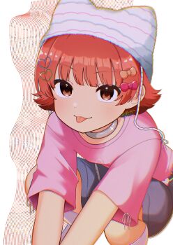 Rule 34 | 1girl, :3, absurdres, animal ear headwear, animal ears, beanie, blue choker, blue skirt, blunt bangs, bow, chain belt, choker, dot nose, eyelashes, fake animal ears, flipped hair, hair bow, hair ornament, hat, heart, heart hair ornament, heisei retro, highres, idolmaster, idolmaster million live!, idolmaster million live! theater days, jojifuku, light blush, light smile, looking at viewer, multiple hair bows, nonohara akane, pink shirt, rainbow text, red eyes, red hair, shirt, short hair, short sleeves, signature, skirt, socks, solo, squatting, striped beanie, tongue, tongue out, uwkpt, white background, white socks