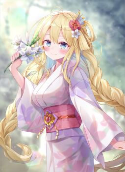 Rule 34 | 1girl, ahoge, battle spirits, blonde hair, blue eyes, blush, braid, commentary request, floral print, floral print kimono, flower, hair flower, hair ornament, hair rings, hand jewel, haundo b, highres, holding, holding flower, japanese clothes, kimono, long hair, looking at viewer, low twin braids, obi, print kimono, rei ooba, sash, solo, twin braids, white flower