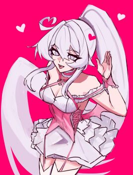 1girl absurdres bare_shoulders blue_eyes breasts choker cleavage commentary corset cowboy_shot dress english_commentary from_above halterneck high_ponytail highres honkai_(series) honkai_impact_3rd kiana_kaslana long_hair open_mouth pink_background pink_choker pink_corset ponytail rgenius100 simple_background solo very_long_hair white_dress white_hair