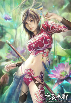 Rule 34 | 1girl, armor, bikini, blue eyes, breasts, brown hair, cleavage, eat, eat0123, female focus, flower, huge breasts, lips, original, photorealistic, realistic, single thighhigh, solo, swimsuit, thighhighs, water lily flower, watermark, weapon