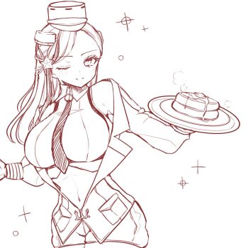 Rule 34 | 1girl, blush, breasts, commentary request, crop top, food, hair ornament, headgear, highres, holding, holding plate, kantai collection, large breasts, long hair, looking at viewer, massachusetts (kancolle), monochrome, multicolored hair, nagi kantai114, navel, necktie, one eye closed, pancake, parted lips, plate, red theme, shorts, simple background, sketch, solo, sparkle, star (symbol), star hair ornament, steam